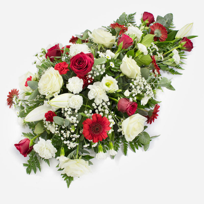 Single Ended Spray SYM-301 - Red & White Single Ended Spray. A beautiful classic arrangement to send for a funeral. Approx size 75cm long and 45cm wide. 
