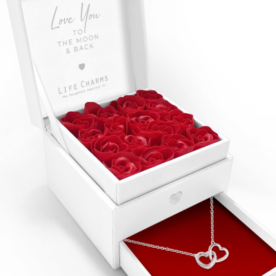 Love You to the moon and back - Double heart charm necklace in elegant red flower box Product Image
