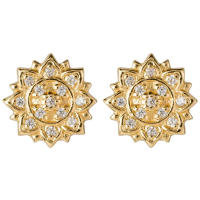Aditi Earrings in Yellow Gold - The Details:
Decorative sun mandala design accented with white crystals.

Stud earrings with butterfly back fastening.
Materials:
Hallmarked 925 sterling silver with 18ct yellow gold vermeil.

Grade A cubic zirconia crystals.

Hypoallergenic &amp; nickel free.
Size &amp; Fit:
Mandala charm: 9x9mm