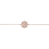 Agra Bracelet in Rose Gold - The Details:
Decorative mandala design accented with white marcasite crystals.

Adjustable fine belcher chain.

Spring ring fastening.
Materials:
Hallmarked 925 sterling silver with 18ct rose gold vermeil.

Swarovski Marcasite, the most brilliant marcasite available.

Hypoallergenic &amp; nickel free.
Size &amp; Fit:
Mandala charm: 25x24mm

Chain length: 15cm/5.9"

Extended chain length: 18cm/7"